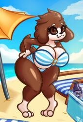  3_toes 4_fingers absurd_res anthro arturfox ass beach beach_mat beverage big_breasts big_butt bikini bird_dog blue_bottomwear blue_clothing blue_sky blue_topwear bodily_fluids bottomwear breast_squish breasts brown_body brown_eyes brown_fur brown_tail canid canine canis chair clothing cloud cooler domestic_dog eyebrows eyelashes feet female fingers fur furniture glistening glossy_body hand_on_butt hi_res huge_breasts huge_butt huge_thighs hunting_dog kooikerhondje looking_at_viewer lounge_chair mammal mariesun multicolored_body multicolored_fur sea seaside sky smile solo spaniel squish sweat swimwear tail tan_body tan_eyebrows tan_fur thick_thighs toes topwear two_tone_body two_tone_fur umbrella water 