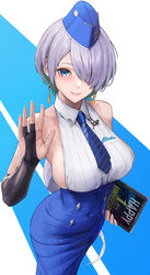  absurdres black_gloves blue_eyes blue_hat blue_necktie blue_skirt breasts brid_(nikke) buttons colored_inner_hair covered_navel double-breasted earrings elbow_gloves female garrison_cap gloves goddess_of_victory:_nikke green_hair grey_hair grin hair_over_one_eye hat high-waist_skirt highres jewelry large_breasts long_hair long_skirt looking_at_viewer mole mole_on_breast multicolored_hair necktie pencil_skirt shirt sideboob sideless_shirt skirt sleeveless sleeveless_shirt smile solo striped_necktie tablet_pc two-tone_hair yamaneko_(tkdrumsco) 