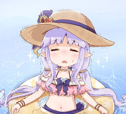  arched_bangs bikini blush brown_hat closed_eyes collarbone commentary_request elf female hat implied_peeing innertube kyoka_(princess_connect!) kyoka_(summer)_(princess_connect!) long_hair low_twintails morita_(mofuball319) navel nose_blush off-shoulder_bikini off_shoulder official_alternate_costume open_mouth partially_submerged pointy_ears princess_connect! purple_hair solo sun_hat swim_ring swimsuit trembling twintails upper_body very_long_hair water 