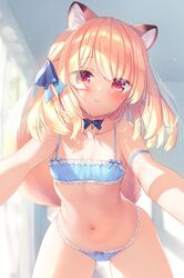  animal_ear_fluff animal_ears bare_arms bare_shoulders bell blonde_hair blue_bow blue_bra blue_panties blush boku_no_risou_no_isekai_seikatsu bow bow_bra bow_panties bra breasts chise_(ichiri) closed_mouth collarbone commentary_request female fox_ears fox_girl fox_tail hairbow highres indoors jingle_bell looking_at_viewer navel neck_bell panties red_eyes sazaki_ichiri small_breasts smile solo tail underwear underwear_only 