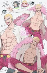  4boys abs black_coat black_hair blonde_hair blood blood_on_face capri_pants chest_tattoo chibi chibi_inset clenched_teeth closed_eyes coat collarbone commentary denim donquixote_doflamingo earrings evil_smile facial_hair feather_coat female goatee grin hand_on_another&#039;s_neck hat height_difference holding holding_sword holding_weapon injury issho_(fujitora) jeans jewelry katana leg_hair looking_at_another monet_(one_piece) multiple_boys muscular muscular_male nashieda navel nipples one_piece open_clothes open_mouth pants pectorals pink_coat purple-tinted_eyewear shirt shoes short_hair sitting sitting_on_person smile sunglasses sword symbol-only_commentary tattoo teeth thread tinted_eyewear tongue tongue_out trafalgar_law translation_request vergo weapon white-framed_eyewear white_shirt yellow_eyes 