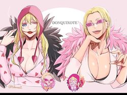  2girls blonde_hair breasts chibi cigarette cleavage coat commentary_request donquixote_doflamingo donquixote_rocinante earrings feather_coat genderswap_(mtf) hat head_rest heart heart_print huge_breasts jewelry lips lipstick long_hair looking_at_viewer makeup multiple_girls nashieda one_piece open_mouth pink-tinted_eyewear pink_coat red_lips rule_63 shirt short_hair siblings sisters smile smoke smoking sunglasses tinted_eyewear upper_body white-framed_eyewear white_shirt 