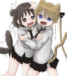  2girls @_@ afterimage animal_ears black_necktie black_ribbon black_skirt blonde_hair blue_eyes blue_panties blush brown_eyes brown_hair cat_ears cat_girl cat_tail clothes_lift collared_shirt commentary_request cowboy_shot dog_ears dog_girl drooling fangs furrowed_brow hair_ribbon hand_on_another&#039;s_head highres holding_another&#039;s_arm kemonomimi_mode kill_me_baby lifted_by_tail long_hair looking_at_another miniskirt mouth_drool multiple_girls necktie nervous nervous_sweating nose_blush open_mouth oribe_yasuna panties pleated_skirt pushing_away ribbon shaded_face shirt short_eyebrows short_hair simple_background skirt skirt_lift smile sonya_(kill_me_baby) striped_clothes striped_panties struggling sweat tail tail_raised tail_wagging translation_request turn_pale twintails underwear white_background white_shirt yasashii_naizou 