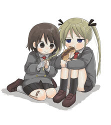  2girls adjusting_another&#039;s_hair bandaged_hand bandages bandaid bandaid_on_leg black_ribbon black_socks blazer blue_eyes blush braiding_hair brown_footwear buttons commentary_request concentrating double-breasted eating food full_body furrowed_brow grey_jacket hair_ribbon hairdressing half-closed_eyes highres holding holding_food hugging_own_legs jacket jitome kill_me_baby kneehighs loafers long_sleeves looking_at_another multiple_girls necktie oribe_yasuna pleated_skirt raised_eyebrows red_necktie ribbon shoes simple_background sitting skirt socks sonya_(kill_me_baby) twintails wariza white_background yakisoba yakisobapan yasashii_naizou 