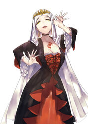  arm_up black_choker black_dress breasts chest_tattoo choker cleavage coif corset crown dress earrings fate/grand_order fate_(series) feet_out_of_frame female frilled_sleeves frills gold_earrings hand_up highres jewelry large_breasts lips long_sleeves looking_at_viewer mudra parted_lips red_corset red_dress sessyoin_kiara sessyoin_kiara_(festival_outfit) shulacanthi simple_background solo standing tattoo teeth two-tone_dress vitarka_mudra white_background white_headwear white_veil wide_sleeves yellow_eyes 