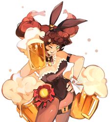  absurdres alcohol animal_ears arm_strap bare_arms beer beer_mug black_bow black_bowtie black_leotard blush bow bowtie braid breasts brown_hair bunny_bunny_(reverse:1999) cleavage commentary cup detached_collar english_commentary fake_animal_ears female firebay green_eyes hand_on_own_hip highres large_breasts leotard long_hair looking_at_viewer mug one_eye_closed open_mouth playboy_bunny rabbit_ears red_ribbon reverse:1999 ribbon simple_background smile solo thigh_strap twin_braids white_background wrist_cuffs 