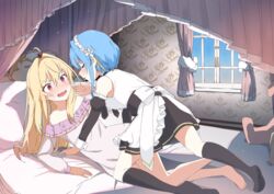  2girls absurdres ahoge barefoot bed black_socks blonde_hair blush camisole canopy_bed closed_eyes commentary_request curtains day detached_sleeves hairband highres hikikomari_kyuuketsuki_no_monmon imminent_kiss indoors kaai_yuu long_hair maid multiple_girls oerba_yun_fang open_mouth red_eyes short_hair socks stuffed_toy terakomari_gandezblood villhaze window yuri 