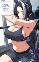  animal_ears bare_arms bare_shoulders black_hair black_shorts black_sports_bra blue_eyes breasts cleavage commentary crop_top english_commentary english_text female highres horse_ears horse_girl indoors large_breasts long_hair looking_at_viewer mejiro_ramonu_(umamusume) midriff mixed-language_commentary navel parted_lips ponytail sheita short_shorts shorts sitting solo sports_bra stomach tail thighs umamusume very_long_hair 