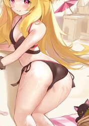  ass bare_arms bare_legs beach_umbrella bikini black_bikini black_bikini_bottom black_cat blonde_hair blush breasts cleavage closed_mouth cropped day dot_nose feline female from_behind halterneck head_out_of_frame light_smile little_witch_nobeta long_hair looking_at_viewer nobeta official_art paid_reward_available phyllis_(cat)_(little_witch_nobeta) phyllis_(little_witch_nobeta) red_eyes side-tie_bikini_bottom small_breasts solo straight_hair swimsuit thighs umbrella very_long_hair wet 