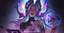  artist_name blue_nails breasts chinese_commentary cleavage earrings eyeshadow female fingernails glowing glowing_eyes guoguoguovia highres jewelry league_of_legends long_hair looking_at_viewer magic makeup morgana_(league_of_legends) official_alternate_costume official_alternate_hairstyle parted_lips signature smile solo star_nemesis_morgana upper_body wings yellow_eyes 