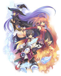  1boy 2girls ahoge althea armor bare_shoulders black_hair blue_eyes blue_hair breasts cape crown detached_sleeves earrings fatima_(luminous_arc) hat headwear_through_crown holding holding_sword holding_weapon jewelry long_hair luminous_arc luminous_arc_2 multiple_girls official_art pink_hair pointed_crown pointy_ears purple_eyes roland_(luminous_arc) shibano_kaito sword third-party_source weapon white_crown witch witch_hat 