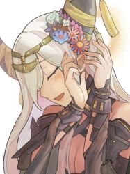  absurdres asymmetrical_horns bare_shoulders breasts circlet cleavage closed_eyes dark-skinned_female dark_skin dragon_girl female fingernails fire_emblem fire_emblem_engage flower hair_flower hair_ornament hair_over_one_eye highres horns large_breasts long_fingernails long_hair netugen33 open_mouth pointy_ears portrait smile solo uneven_horns white_hair zelestia_(fire_emblem) 