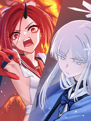  2girls absurdres aoi_riko armpits black_horns blue_archive breasts colored_eyelashes eyeshadow fire grey_eyes grey_hair hair_ornament halo haori highres horns japanese_clothes long_hair makeup multiple_girls nagusa_(blue_archive) open_mouth ponytail red_eyes red_eyeshadow red_hair red_halo red_sailor_collar renge_(blue_archive) sailor_collar school_uniform serafuku sideboob sideless_shirt single_horn white_sailor_collar 