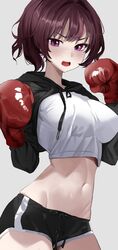  absurdres angry black_shorts blush boxing_gloves breasts brown_hair commentary crop_top female grey_background hands_up highres hooded_shrug jururu large_breasts midriff multicolored_hair navel open_mouth ori_(0rizuru) purple_eyes purple_hair shorts shrug_(clothing) simple_background solo stomach streaked_hair teeth two-tone_hair upper_teeth_only v-shaped_eyebrows virtual_youtuber waktaverse 