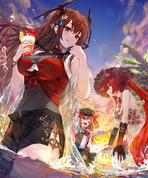  3girls animal_ear_fluff animal_ears ball beachball black_gloves black_shorts bracelet breasts brown_hair cerberus_(shingeki_no_bahamut) charon_(shadowverse) closed_mouth company_name covered_navel criss-cross_halter drink elbow_gloves finger_to_own_chin flower frilled_shirt frills gloves green_headwear green_skirt hair_flower hair_ornament halterneck hat head_wings highres holding holding_ball holding_beachball holding_drink jewelry large_breasts lens_flare leotard long_hair looking_at_another looking_at_viewer makihitsuji medium_breasts multiple_girls ocean oerba_yun_fang official_art open_mouth orange_hair orthrus_(shadowverse) outdoors peaked_cap petite red_eyes red_hair red_ribbon red_shirt ribbon see-through see-through_leotard see-through_shawl see-through_shirt shadowverse shawl shirt shorts siblings sisters skin_fang skirt smile splashing straw_hat thigh_strap tied_shirt twilight twintails very_long_hair wading water white_shirt wings 