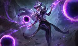  cloud cloudy_sky feet_out_of_frame female fingernails fog glowing glowing_eyes glowing_hands hair_ornament house incoming_attack league_of_legends league_of_legends:_wild_rift lipstick looking_at_viewer magic makeup official_art outdoors purple_eyes purple_lips serious sharp_fingernails sky solo standing syndra water waterfall white_hair 