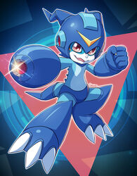  2023 5_fingers alternate_version_at_source anthro arm_cannon bandai_namco blue_body blue_helmet blue_tail capcom claws clothed clothing cosplay digimon digimon_(species) finger_claws fingers fist hi_res looking_at_viewer mega_man_(character) mega_man_(series) open_mouth pink_tongue pose shoru solo tail teeth tongue veemon white_claws 