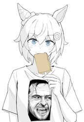  1boy :3 animal_ears blue_eyes closed_mouth commentary_request ear_covers eating female food greyscale hair_between_eyes hair_ornament hairclip here&#039;s_johnny!_(meme) highres holding holding_food holding_popsicle horse_ears horse_girl jack_torrance looking_at_viewer meme miya_nns35 monochrome open_mouth popsicle print_shirt seiun_sky_(umamusume) shirt short_hair short_sleeves simple_background single_ear_cover spot_color teeth the_shining umamusume white_background 