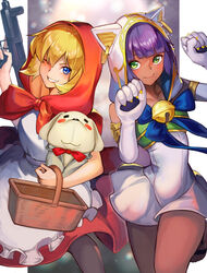  2girls animal_ears animal_hood apron basket bell blonde_hair blue_eyes bulleta capcom cat_ears cat_hood commentary company_connection cowboy_shot crossover dark-skinned_female dark_skin dress green_eyes grin gun hinoru_saikusa holding holding_basket holding_gun holding_weapon hood leg_up looking_at_viewer menat multiple_girls official_alternate_costume one_eye_closed outside_border pantyhose pillarboxed purple_hair red_dress smile street_fighter street_fighter_v vampire_(game) weapon white_apron white_dress 