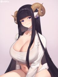  animal_ears artist_name black_hair blunt_bangs blush breasts brown_horns cleavage closed_mouth commentary crop_top curled_horns english_commentary female highres horns huge_breasts iwbitu long_hair looking_at_viewer navel no_pants original panties purple_eyes sheep_ears sheep_girl sheep_horns shirt simple_background solo straight_hair underwear very_long_hair white_panties white_shirt 