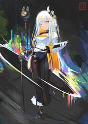  black_footwear black_skirt breasts cane cleavage_cutout closed_mouth clothing_cutout commentary_request female full_body gloves highres holding long_hair long_sleeves looking_at_viewer medium_breasts multicolored_hair natori_youkai orange_hair original pleated_skirt shirt shoes skirt smile solo standing two-tone_hair very_long_hair white_gloves white_hair white_shirt yellow_eyes 