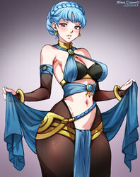  absurdres alternate_costume bare_shoulders blue_hair blush bracelet braid breasts bridal_gauntlets brown_eyes cleavage cosplay crown_braid dancer dorothea_arnault dorothea_arnault_(cosplay) dorothea_arnault_(plegian) dorothea_arnault_(plegian)_(cosplay) english_commentary female fire_emblem fire_emblem:_three_houses fire_emblem_heroes gloves hair_ornament highres jewelry looking_at_viewer marianne_von_edmund medium_breasts mina_cream navel pantyhose parted_bangs pelvic_curtain short_hair simple_background smile solo thick_thighs thighs very_short_hair wide_hips 