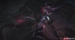  absurdres artist_name chinese_commentary closed_mouth coven_nami female from_side glowing glowing_eyes hair_ornament highres holding holding_wand league_of_legends lipstick long_hair makeup nami_(league_of_legends) ni_youshun official_alternate_costume official_alternate_hairstyle outdoors purple_eyes red_eyes signature solo tentacle wand 