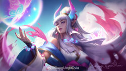  absurdres artist_name blue_eyes blue_sky blunt_bangs breasts bug butterfly chinese_commentary cleavage earrings energy_ball expressionless eyeshadow falling_petals female guoguoguovia highres horns jewelry large_breasts league_of_legends long_hair looking_ahead magic makeup official_alternate_costume official_alternate_hairstyle outdoors parted_lips petals pointy_ears signature sky solo spirit_blossom_(league_of_legends) spirit_blossom_syndra syndra upper_body white_hair 