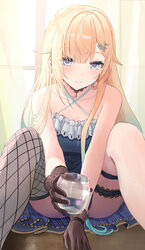  aizawa_ema aizawa_ema_(1st_costume) arm_between_legs bare_shoulders blonde_hair blue_dress blue_eyes blue_skirt blunt_bangs breasts bridal_garter brown_gloves cat_earrings choker criss-cross_halter cup dress drinking_glass female fishnet_thighhighs fishnets giving gloves gradient_hair green_hair grey_thighhighs hair_flaps hair_ornament hairpin halter_dress halterneck hanamine800 highres holding holding_cup lace lace_choker lace_gloves lace_trim large_breasts leaning_forward long_hair looking_at_viewer m_legs multicolored_hair plaid plaid_skirt pleated_dress single_thighhigh sitting skirt smile solo thigh_strap thighhighs thighs very_long_hair virtual_youtuber vspo! 