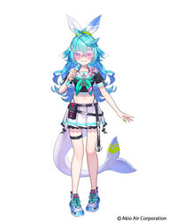  ahoge akioair azuri_delfi blue_eyes blue_hair cetacean_tail crop_top female fins fish_tail full_body hair_ornament hair_scrunchie high_ponytail highres holding holding_microphone kt._(kaisou-notagui) long_hair microphone official_art pink-tinted_eyewear pleated_skirt scrunchie simple_background skirt sleeves_past_fingers sleeves_past_wrists smile socks solo tail thigh_strap tinted_eyewear white_background white_skirt white_socks 