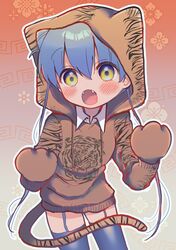  animal_ear_hood animal_ears animal_hands animal_print blue_hair blue_thighhighs brown_hoodie collared_shirt commentary_request cone_hair_bun cowboy_shot death_merumeru drawstring fake_animal_ears fake_tail fangs female floral_background garter_straps gloves gradient_background grey_background hair_bun highres hood hood_up hoodie leaning_forward long_hair looking_at_viewer meandros open_mouth outline paw_gloves red_background shinigami_dot_com shirt solo tail thighhighs tiger_print tiger_tail twintails white_outline yasashii_naizou yellow_eyes 