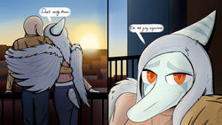  16:9 2_panel_comic amber_eyes anon_(snoot_game) anthro arm_around_back bald blue_body blue_scales bone_frill bottomwear cavemanon_studios city city_background clothing colored crezz_crow cropped_sweater dialogue duo english_text extinct fang_(gvh) female female_anthro female_on_human first_person_view frill_(anatomy) furgonomic_bottomwear furgonomics goodbye_volcano_high hair hi_res human human_on_anthro human_pov interspecies jacket looking_at_viewer male male/female male_on_anthro male_pov mammal pants prehistoric_species pterodactylus pterosaur reptile romantic romantic_couple scales scalie short_tail silver_hair smile smiling_at_viewer snoot_game snout speech_bubble sweater tail talking_to_viewer text topwear using_wings widescreen wing_hug wings 