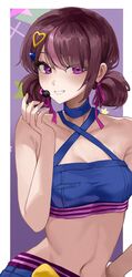  blush breasts collarbone commentary criss-cross_halter crop_top double_bun female hair_bun hair_ornament hair_ribbon halterneck hand_on_own_hip hand_up headset heart heart_hair_ornament highres jururu midriff multicolored_hair navel ori_(0rizuru) purple_eyes purple_hair purple_ribbon ribbon smile solo stomach streaked_hair teeth two-tone_hair virtual_youtuber waktaverse 