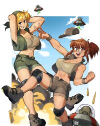  2021 2girls alien armpit_crease arms_behind_head artist_name bandana baseball_cap black_eyes blonde_hair breasts brown_eyes brown_hair bullet clenched_hand collar commentary crop_top dated english_commentary explosion fio_germi fist_pump full_body glasses glint hat highres jaestarj kasamoto_eri knee_pads large_breasts looking_at_viewer metal_slug midriff multiple_girls navel ponytail shoes short_shorts shorts sky sleeveless smile smirk teeth ufo v vest wristband 