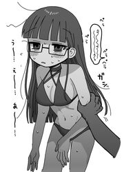  alternate_costume arm_grab bags_under_eyes bikini blunt_bangs blunt_ends blush blush_stickers breasts cleavage commentary_request criss-cross_halter disembodied_hand ear_blush empty_eyes female glasses greyscale groin half-closed_eyes halterneck highres large_breasts leaning_forward long_hair looking_at_viewer monochrome nervous parted_lips raised_eyebrows semi-rimless_eyewear shinigami_dot_com simple_background solo_focus speech_bubble sweat swimsuit toukyou_tama translation_request yasashii_naizou 