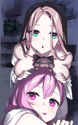  2girls :q absurdres ako_ko_(yaguo) animal_between_breasts blue_eyes breast_press breasts brown_hair chestnut_mouth earrings feline hand_on_another&#039;s_head highres indoors jewelry large_breasts long_hair looking_at_viewer multiple_girls original pink_eyes pink_hair pity_(yaguo) plant tongue tongue_out yaguo 