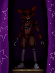  2020 animatronic anthro big_ears big_eyes black_background black_eyes blood blood_on_feet bodily_fluids bright_eyes broken canid canine clothed clothing curtains curtains_open digital_media_(artwork) exposed_endoskeleton five_nights_at_freddy&#039;s fox foxy_(fnaf) fur hi_res hook horror_(theme) legwear looking_at_viewer machine male mammal metal_legs open_mouth partially_clothed pirate_cove purple_curtains red_body red_fur robot scottgames simple_background solo standing star teeth torn_clothing torn_legwear twtr 