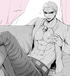  1boy ? abs between_pectorals capri_pants character_doll collarbone commentary_request confused crossed_legs donquixote_doflamingo earrings indoors jewelry leg_hair male_focus monochrome muscular muscular_male nashieda navel nipples one_piece open_clothes open_mouth pants pectorals shirt short_hair sitting sunglasses tinted_eyewear trafalgar_law 