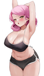  arm_behind_head arm_up armpits artist_name black_bra black_shorts blush bra breasts cameltoe cleavage commentary crop_top dripping eden_(shiroki_yuutsu) english_commentary female highres large_breasts looking_at_viewer midriff navel open_mouth original pink_hair plump short_hair short_shorts shorts simple_background solo sweat underwear vanilla_(eden_(shiroki_yuutsu)) very_sweaty white_background yellow_eyes 