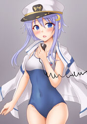  anti_(untea9) blush breasts competition_school_swimsuit crescent crescent_hair_ornament crescent_pin female gradient_background grey_background hair_ornament hat high_school_fleet highres jacket kantai_collection looking_at_viewer open_mouth peaked_cap purple_eyes purple_hair school_swimsuit short_hair short_hair_with_long_locks small_breasts swimsuit two-tone_swimsuit yayoi_(kancolle) yokosuka_girls_marine_high_school_swimsuit 