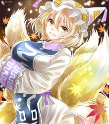  animal_ears autumn_leaves blonde_hair blue_tabard breasts dress female fox_ears fox_tail hajike_akira hands_in_opposite_sleeves hat highres large_breasts leaf long_sleeves maple_leaf mob_cap multiple_tails short_hair smile tabard tail touhou white_dress white_headwear wide_sleeves yakumo_ran yellow_eyes 