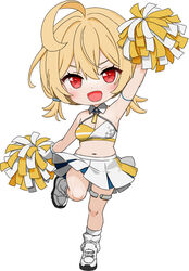  antenna_hair arm_up armpits bare_legs blonde_hair blue_archive cheerleader chibi female full_body kotori_(blue_archive) kotori_(cheer_squad)_(blue_archive) looking_at_viewer millennium_cheerleader_outfit_(blue_archive) mutsuse navel official_alternate_costume open_mouth pom_pom_(cheerleading) red_eyes shoes simple_background skirt smile socks solo sports_bra two-tone_sports_bra white_background white_footwear white_skirt white_socks 