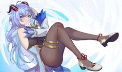  artist_name bare_shoulders bell black_pantyhose blue_hair breasts chinese_knot detached_sleeves expressionless female floating full_body ganyu_(genshin_impact) genshin_impact goat_girl goat_horns hand_in_own_hair high_heels highres horns leotard looking_at_viewer nocta_felis pantyhose red_eyes solo thighlet thighs 