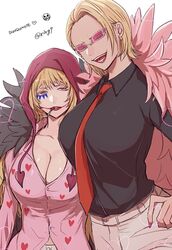  2girls black_shirt blonde_hair breasts character_name cigarette cleavage coat commentary_request donquixote_doflamingo donquixote_rocinante earrings feather_coat genderswap_(mtf) hand_on_own_hip hat heart heart_print huge_breasts jewelry long_hair long_sleeves looking_at_viewer makeup mouth_hold multiple_girls nashieda one_piece open_mouth pants pink-tinted_eyewear pink_coat pink_nails red_lips rule_63 shirt short_hair siblings sisters smile smoke smoking sunglasses tinted_eyewear very_long_hair white-framed_eyewear 