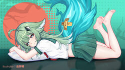  ahoge alternate_costume animal_ears barefoot feet female fox_ears fox_girl full_body green_eyes green_hair green_serafuku highres honkai:_star_rail honkai_(series) huohuo_(honkai:_star_rail) long_hair looking_at_viewer lying on_stomach pillow school_uniform serafuku soles solo tail tail_(honkai:_star_rail) the_pose yin_yang yin_yang_hair_ornament yunkaiming 