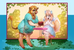  2025 accessory anthro apron bethany_genisse birthday birthday_cake blonde_hair blouse blue_clothing blue_eyes bovid bovine bow_ribbon braided_hair braided_pigtails breasts brown_body brown_fur cake canid canine cattle cheek_tuft cleavage clothed clothing cloven_hooves cowbell dessert dress duo facial_tuft female female/female fingers food fox fur hair hair_accessory hair_ribbon hairbow happy hi_res highland_cattle holding_food holding_object hooved_fingers hooves horn hybrid inner_ear_fluff jersey_cattle jewelry mammal navel necklace outie_navel peachy-jingle peachy_(peachy-jingle) ribbons sitting smile standing surprised tail tail_tuft tan_body tan_fur teal_clothing teal_eyes topwear tuft twintails 