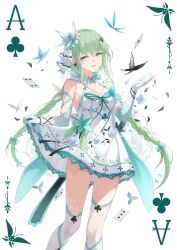  aqua_bow aqua_flower aqua_gloves black_butterfly blue_flower bow braid breasts bug butterfly card cleavage club-shaped_pupils club_(shape) dress earrings elbow_gloves feet_out_of_frame female floral_print flower flower_earrings frilled_dress frills fuuro_(johnsonwade) gloves gradient_gloves green_hair grey_eyes hair_flower hair_ornament hair_ribbon hairbow hand_up highres jewelry long_hair looking_at_viewer medium_breasts open_mouth original playing_card print_dress ribbon ribbon-trimmed_collar ribbon_trim short_dress skirt_hold smile solo spade_hair_ornament standing standing_on_one_leg symbol-shaped_pupils thighhighs twin_braids very_long_hair white_background white_dress white_gloves white_thighhighs 