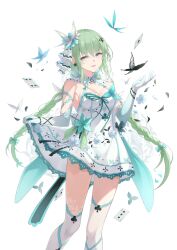  aqua_bow aqua_flower aqua_gloves black_butterfly blue_flower bow braid breasts bug butterfly card cleavage club-shaped_pupils dress earrings elbow_gloves feet_out_of_frame female floral_print flower flower_earrings frilled_dress frills fuuro_(johnsonwade) gloves gradient_gloves green_hair grey_eyes hair_flower hair_ornament hair_ribbon hairbow hand_up highres jewelry long_hair looking_at_viewer medium_breasts open_mouth original playing_card print_dress ribbon ribbon-trimmed_collar ribbon_trim short_dress skirt_hold smile solo spade_hair_ornament standing standing_on_one_leg symbol-shaped_pupils thighhighs twin_braids very_long_hair white_background white_dress white_gloves white_thighhighs 