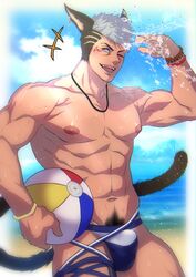  &gt;_o 1boy ;d abs absurdres animal_ears ball bara beach beachball blue_eyes bulge cat_boy cat_ears cat_tail cloud commentary day facial_mark firenzesaika green_hair highres holding holding_ball holding_beachball jewelry male_focus male_pubic_hair male_swimwear muscular muscular_male navel necklace nipples one_eye_closed open_mouth original outdoors pectorals pubic_hair short_hair sky smile solo splashing summer swim_trunks symbol-only_commentary tail topless_male undercut water wristband 