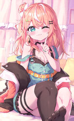  ;3 absurdres black_bow black_gloves blue_eyes blush bow breasts cleavage closed_mouth commentary_request ear_piercing earrings feet_out_of_frame female gloves hair_between_eyes hair_bun hair_ornament hairbow hairclip hand_up highres igarashi_rika igarashi_rika_(1st_costume) jacket jewelry long_hair long_sleeves looking_at_viewer masaki_(msk064) medium_breasts multicolored_hair nijisanji off_shoulder one_eye_closed open_clothes open_jacket orange_hair orange_jacket overall_skirt piercing puffy_long_sleeves puffy_sleeves single_thighhigh sitting sleeves_past_wrists soles solo star_(symbol) star_hair_ornament streaked_hair thighhighs virtual_youtuber white_bow white_hair 